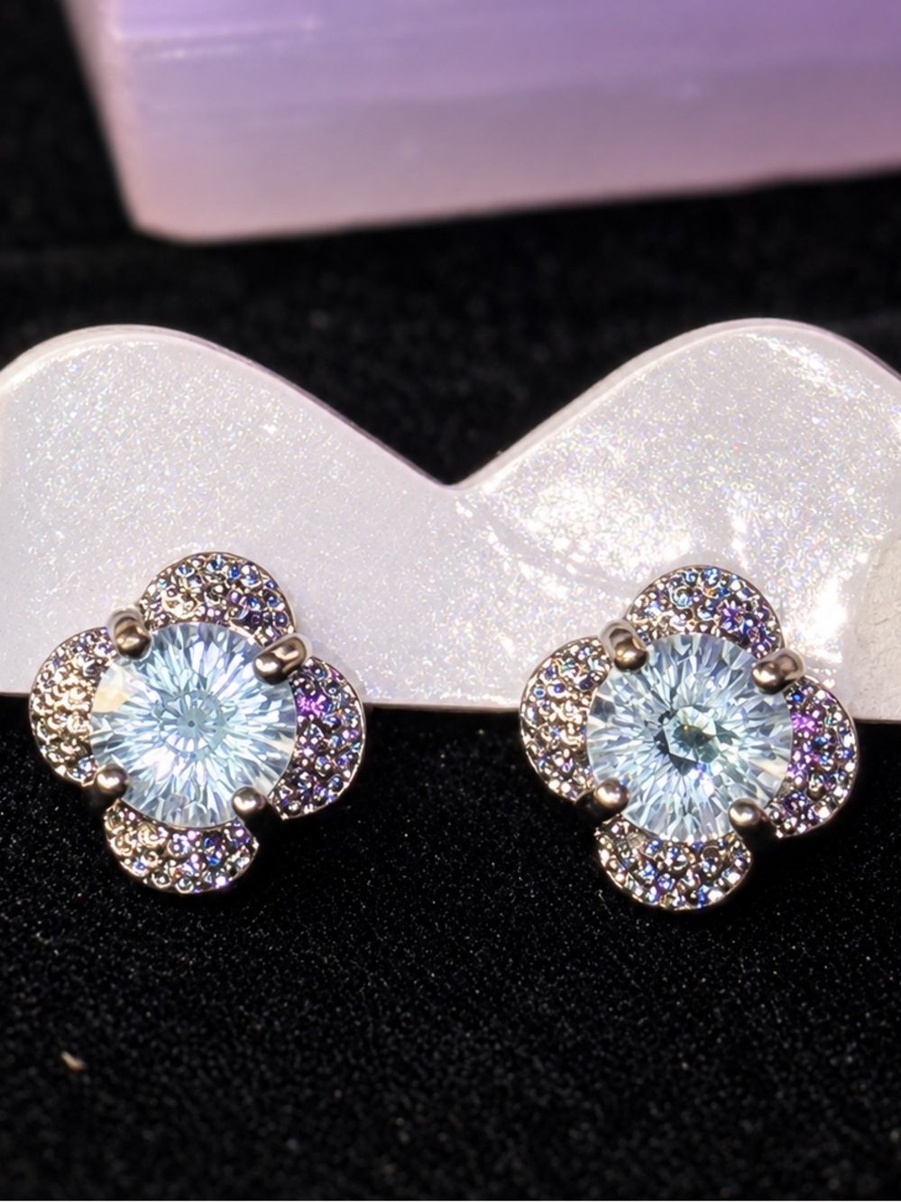 Aquamarine Art Deco Floral Stud Earrings • Silver Plated • Nickel Free